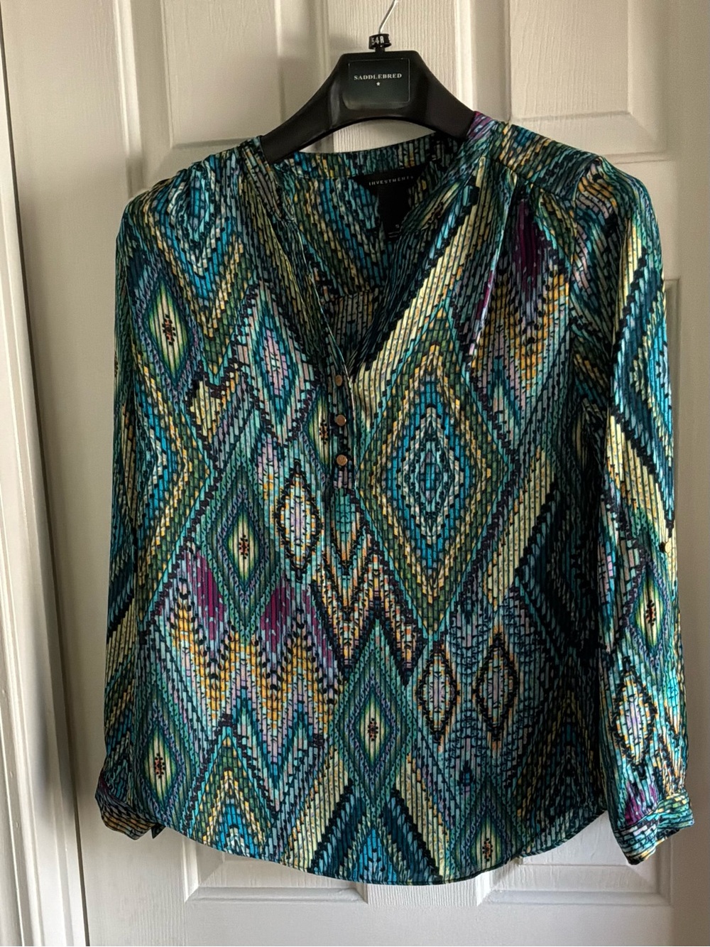 Investments Multicolor Geometric V-Neck Blouse in Teal, Gold & Purple